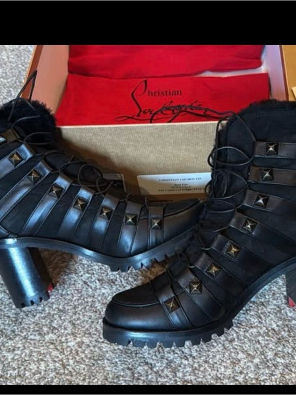 Christian Louboutin 70 calf/sherling studded lace-up boots 36.5